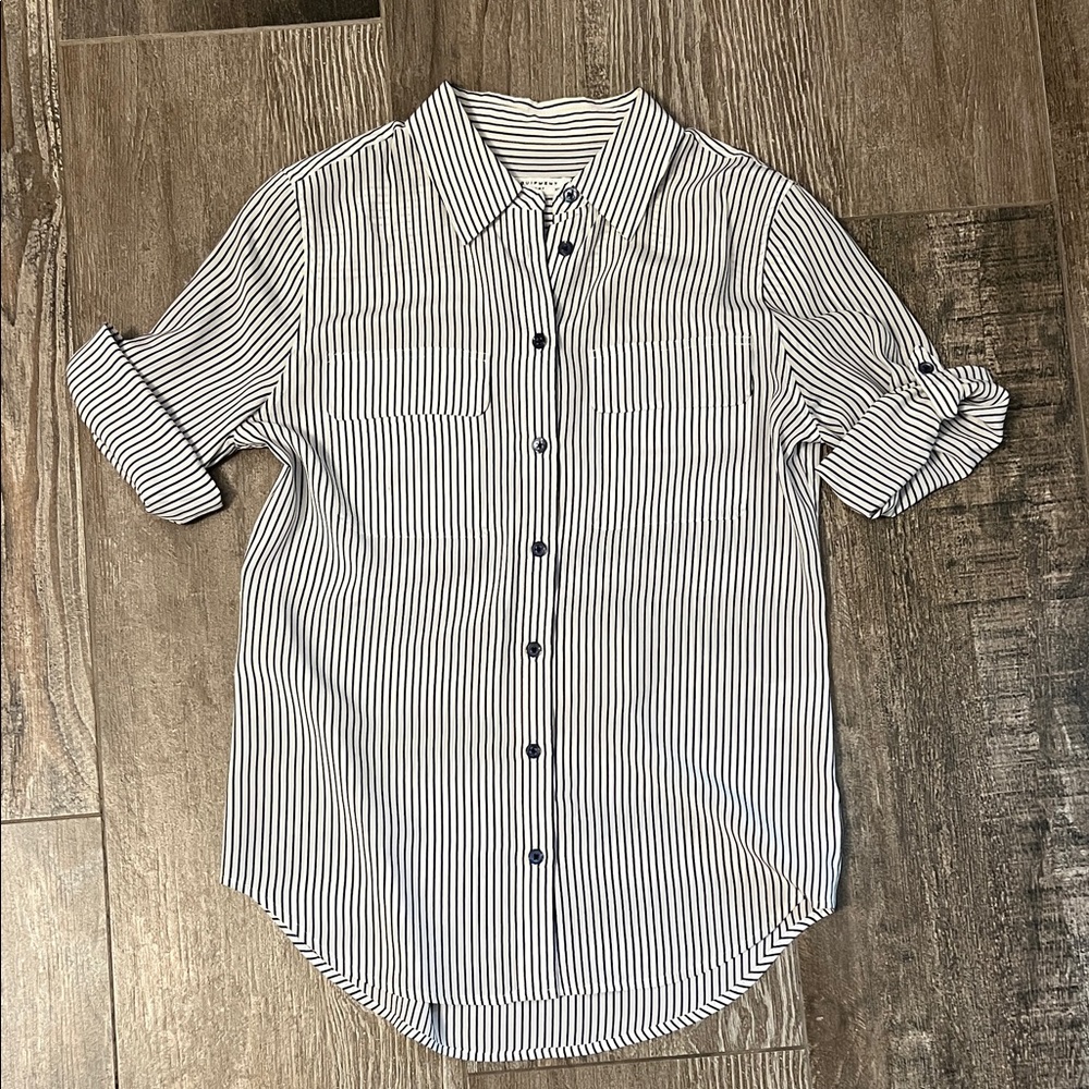 Equipment Navy and White Striped Button Down Shirt with cuff sleeve size XS